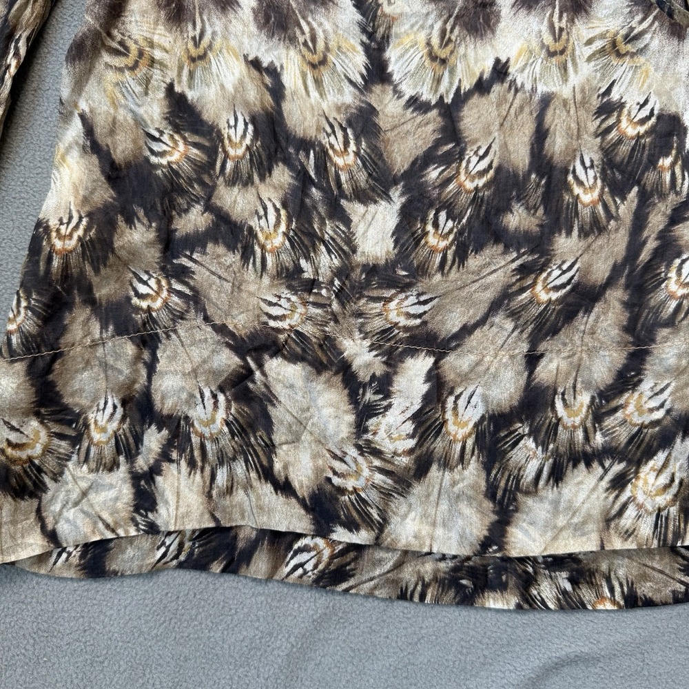Mango MNG Suit Blouse Womens 8 Large Brown Silk Balloon Sleeve Peacock‎ Feather - Picture 7 of 15
